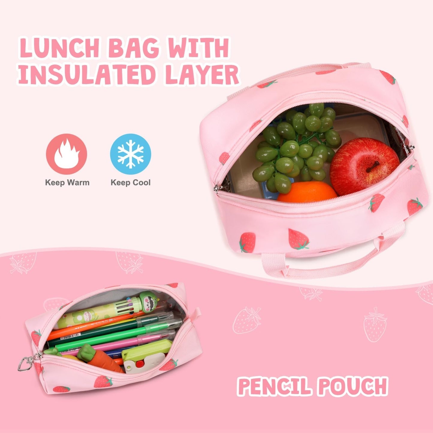 Stylish Girls Backpack with Lunch Bag & Pencil Pouch   Teen School Bookbag, Pink5