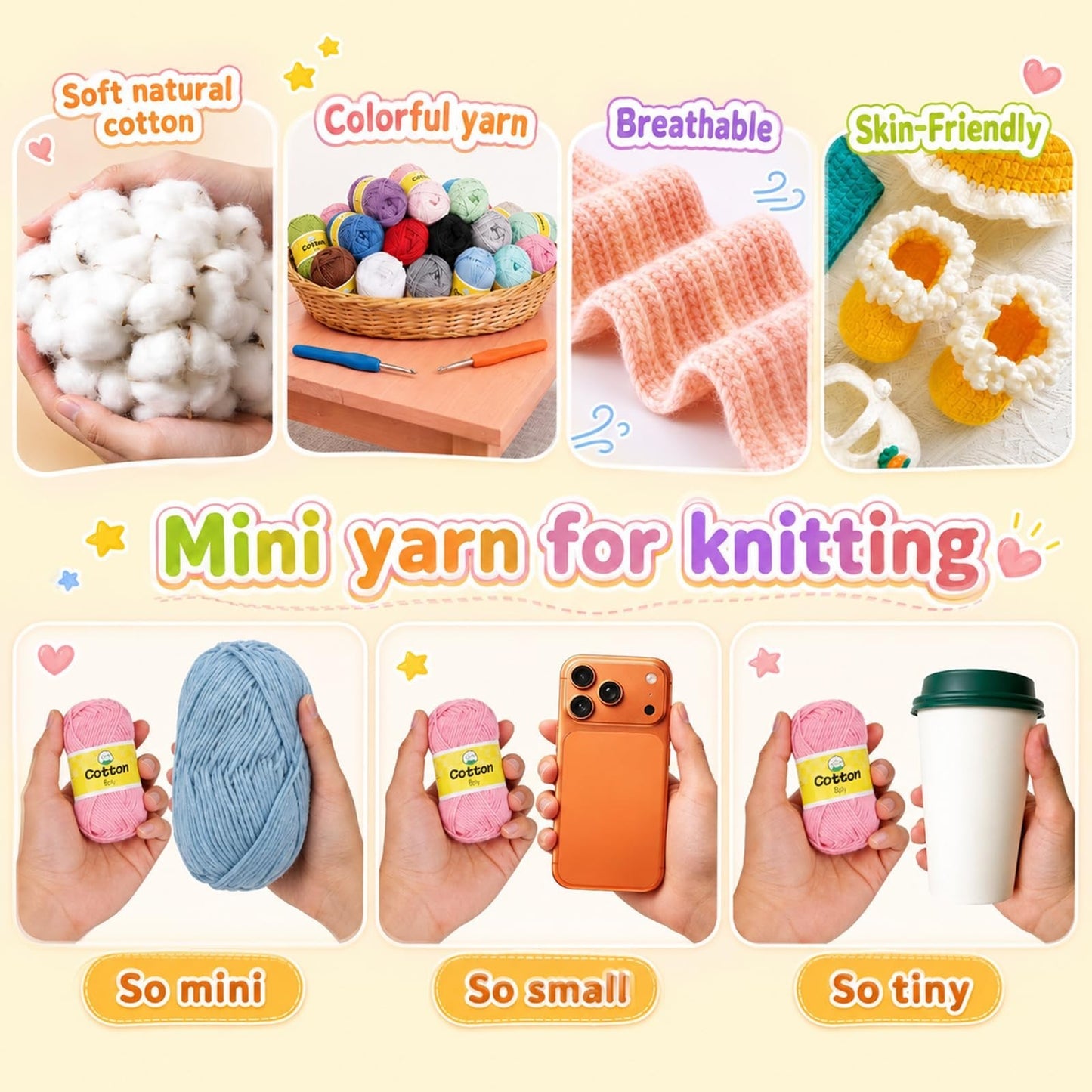 100% Cotton Mini Crochet Yarn - 20 Pack, Soft Baby Yarn Set, #2 Sport Weight, 906