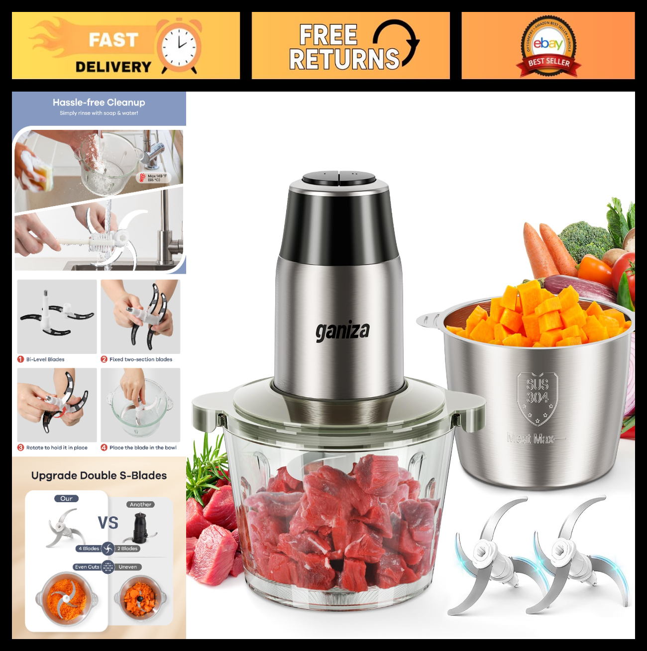 Multi-Functional Food Processor with 2 Bowls, 450W Meat Grinder & Veg Chopper0