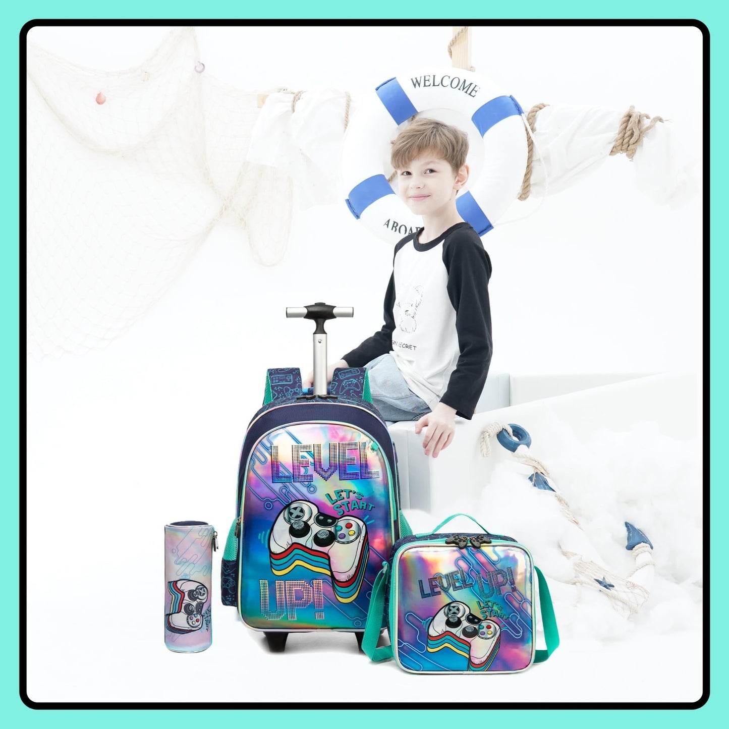 Rolling Kids Backpack with Wheels, Football Design, Lunch Box Included, Ages 6 85