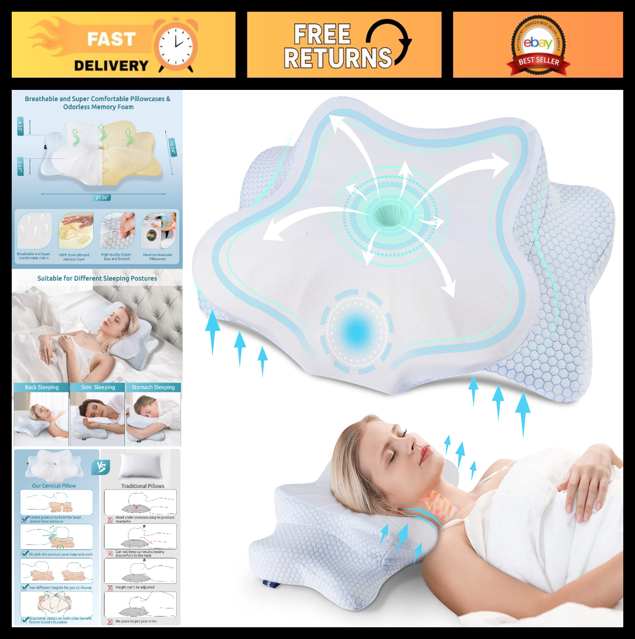 Cervical Memory Foam Pillow for Neck & Shoulder Pain Relief, Ergonomic Cooling D0