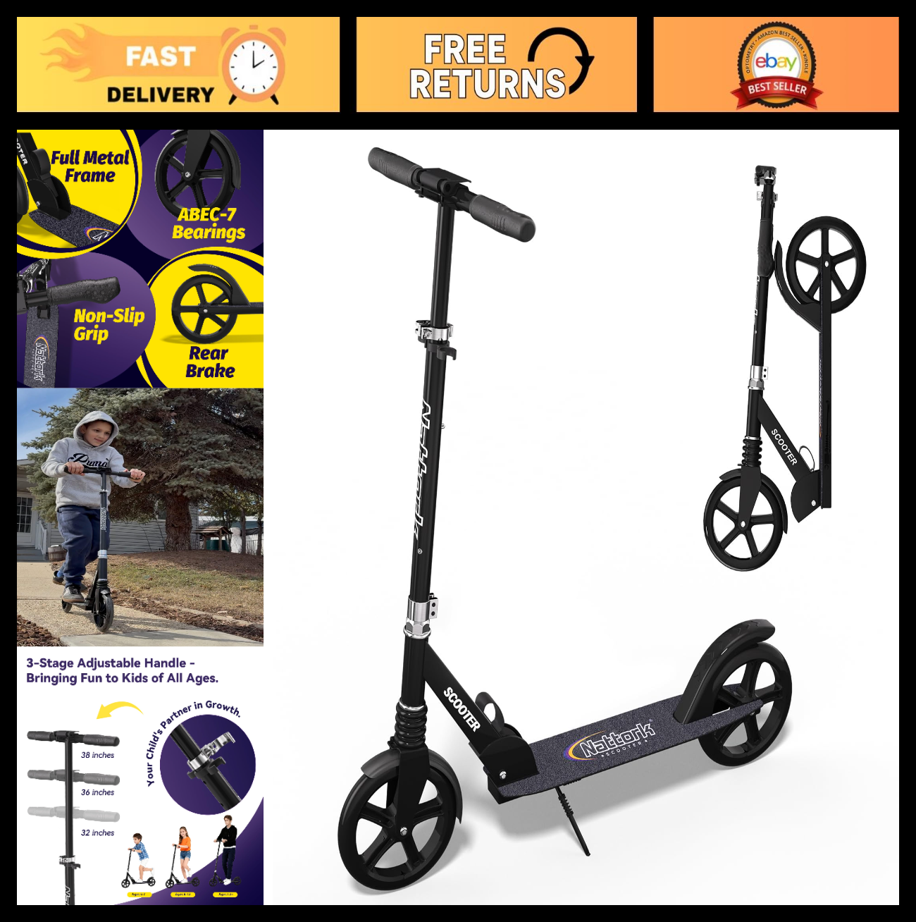 Adjustable Height Kick Scooter for Kids & Teens, 240 LBS Max Load, Foldable, 8"0