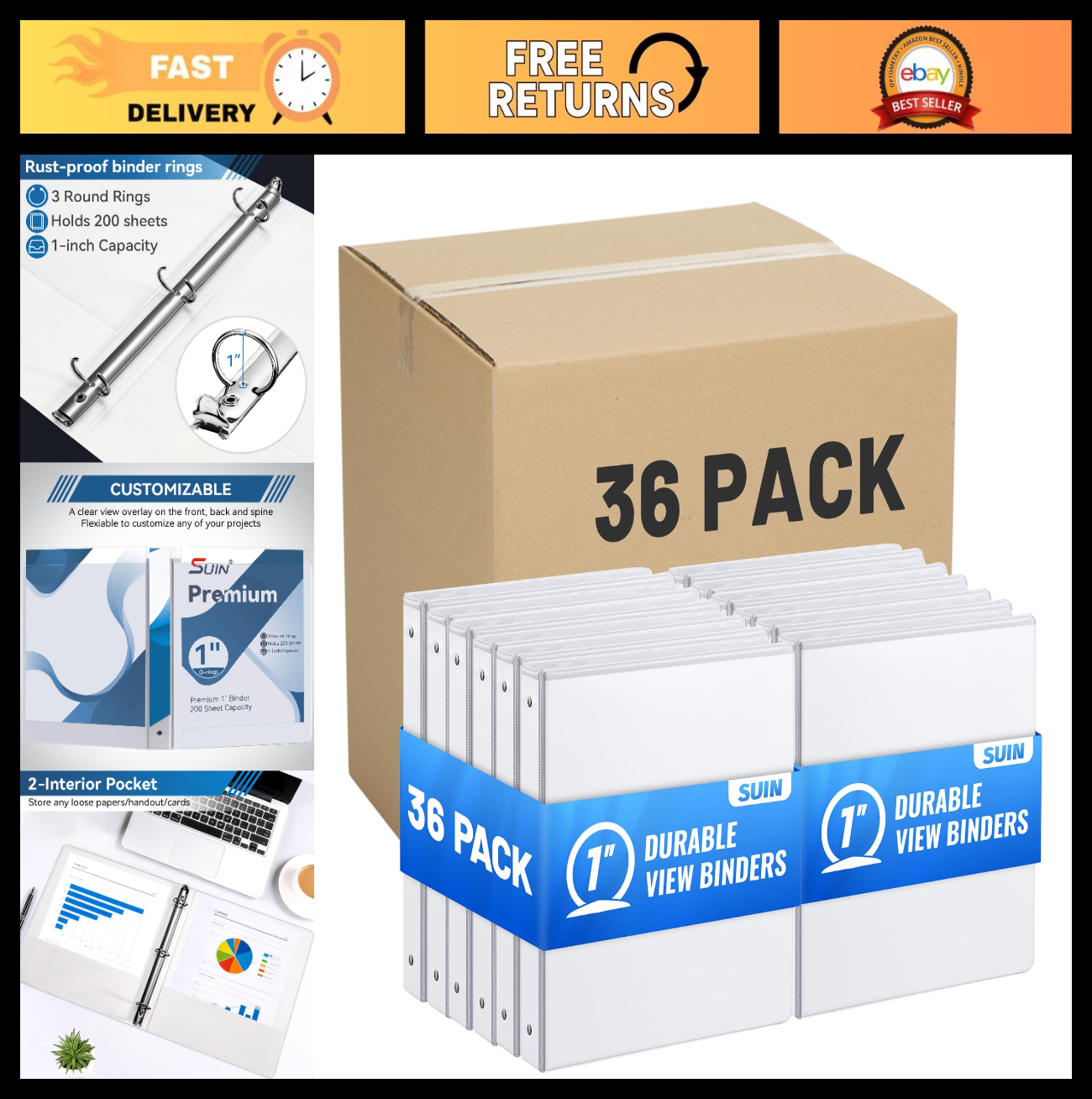 36 Pack Premium 1'' 3 Ring Binders - Large 200 Sheet Capacity, Fits 8.5x11" Pape0