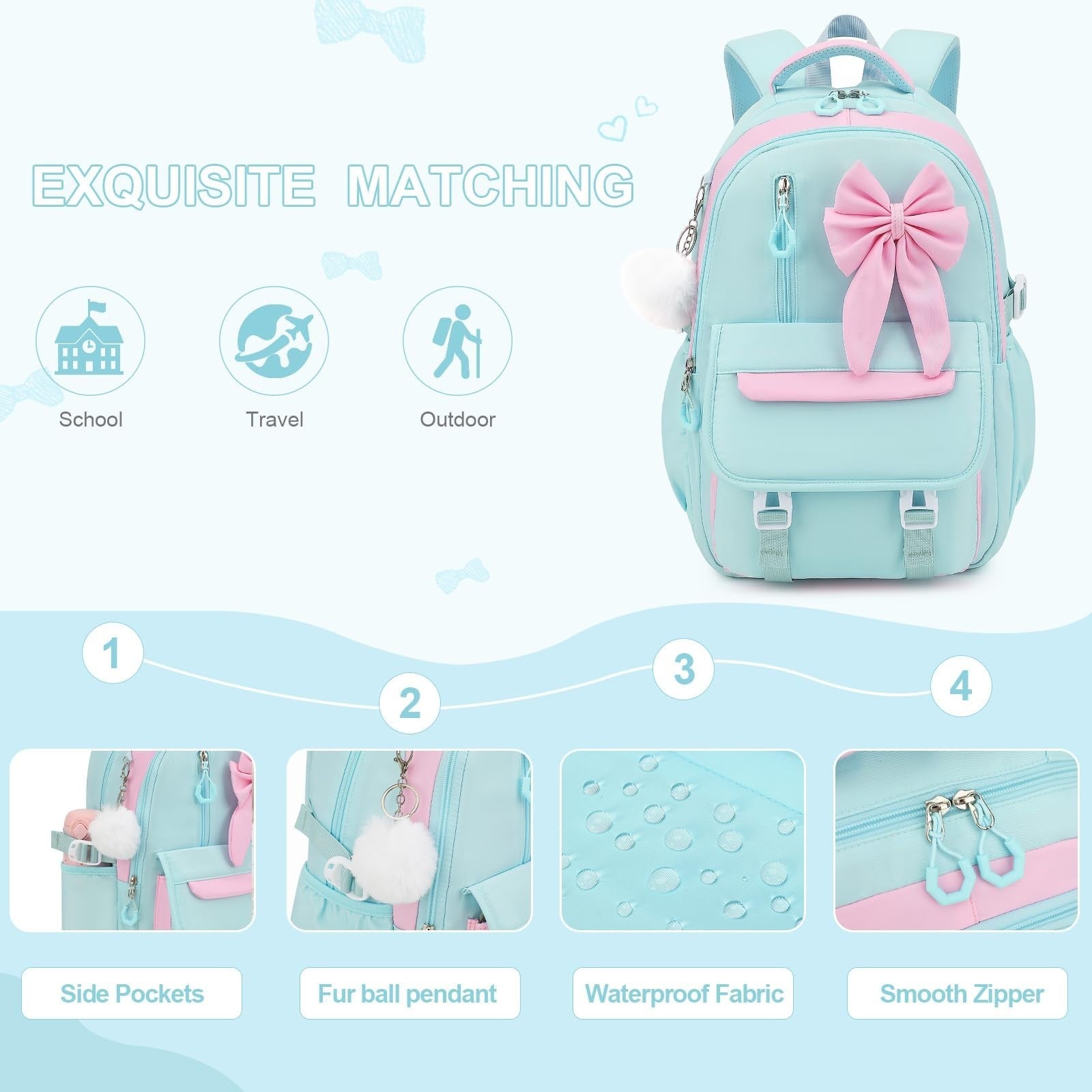 Girls Bow Backpack Set   3PCS with Lunch Bag & Pencil Case   Cute School Bag4