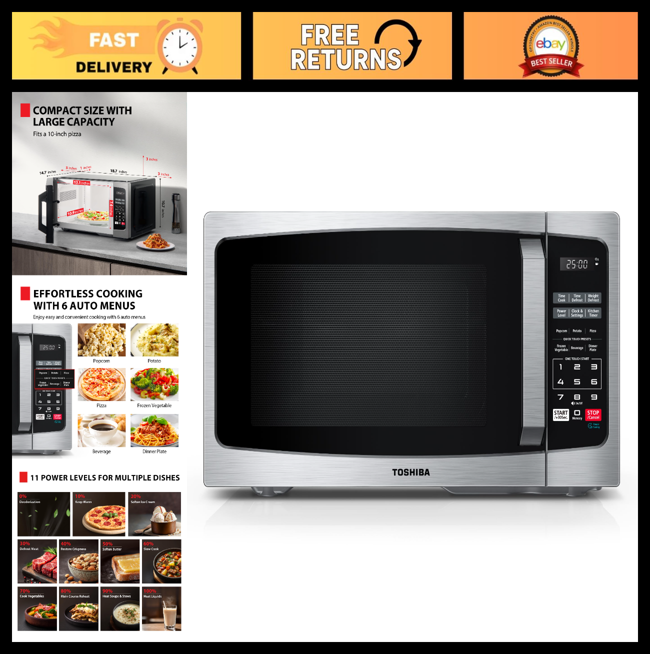 Compact Microwave Oven 0.9 Cu.Ft 900W Stainless Steel | 6 Auto Menus, Child Lock0