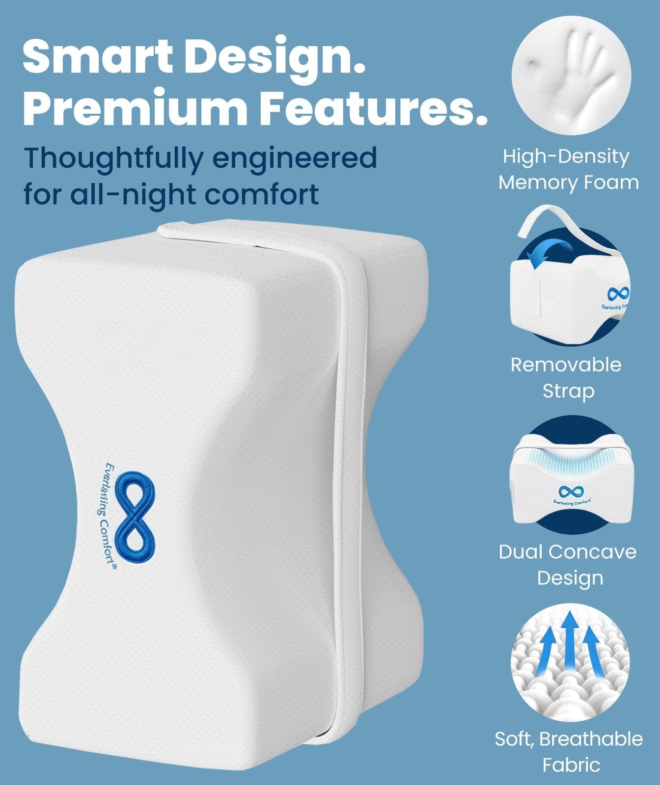 Memory Foam Knee Pillow for Side Sleepers   Sciatica Pain Relief, Adjustable Str4