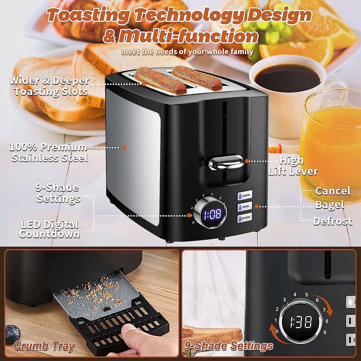 2 Slice Wide Slot Toaster with LCD Timer, Bagel/Defrost/Cancel/Reheat Functions6