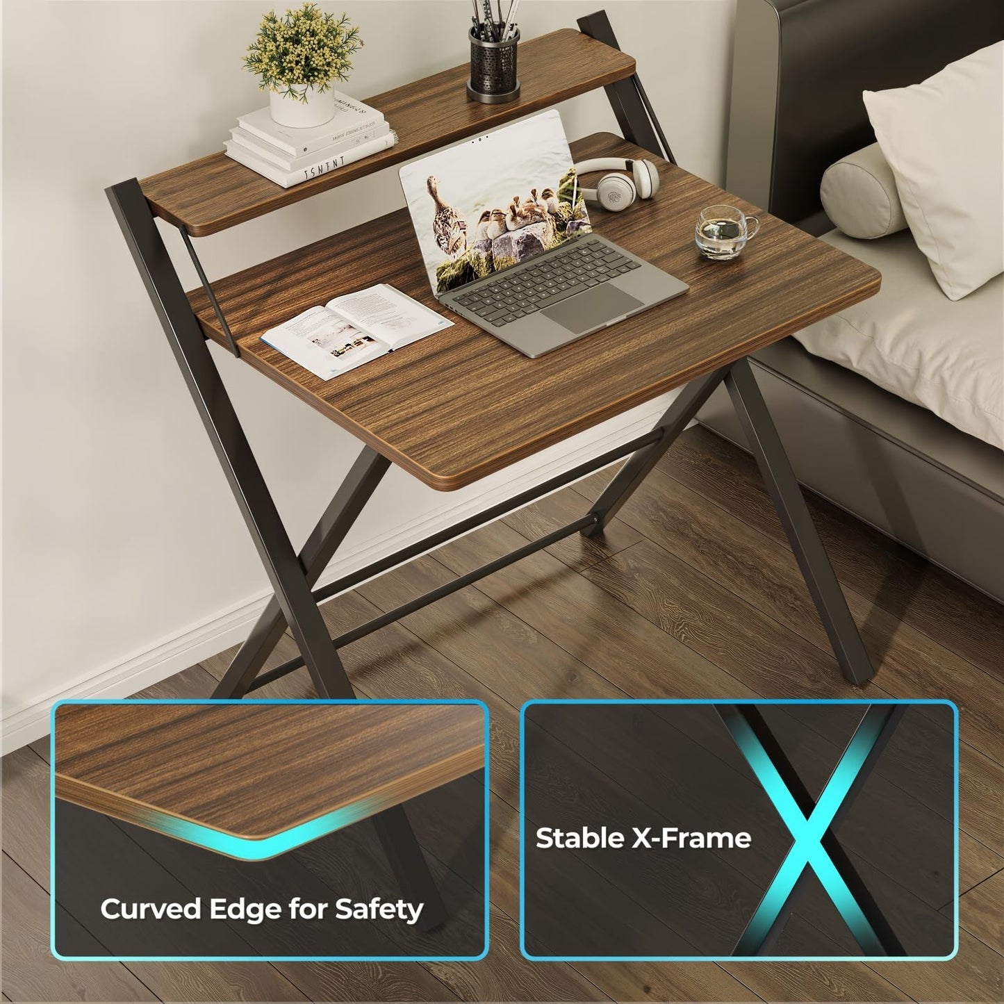 Compact Folding Desk with Shelf - Space-Saving Laptop Table for Home Office & Do5