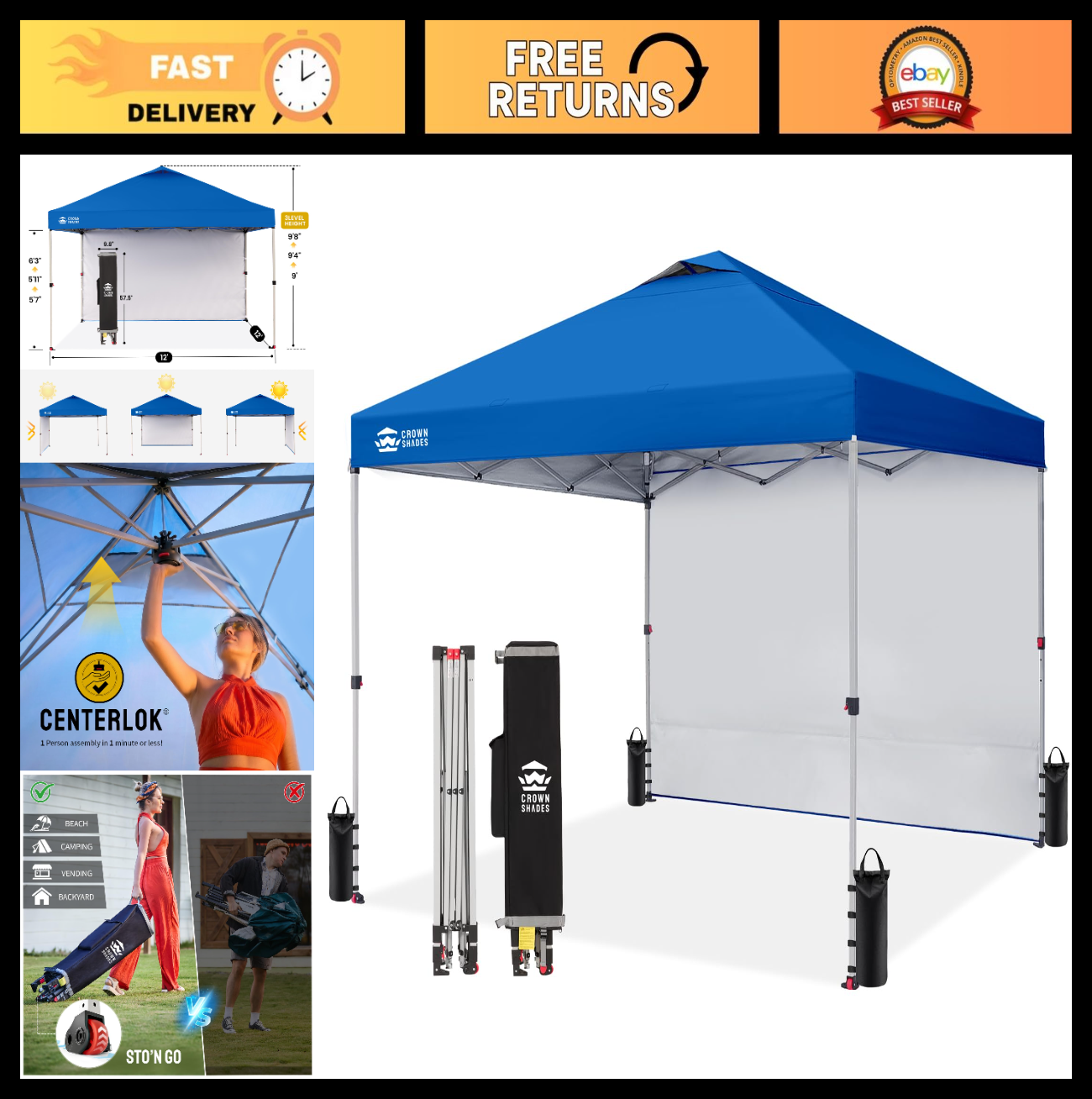 12x12 Pop Up Canopy Tent with Side Wall, Easy Setup Outdoor Gazebo, Beach Shade,0