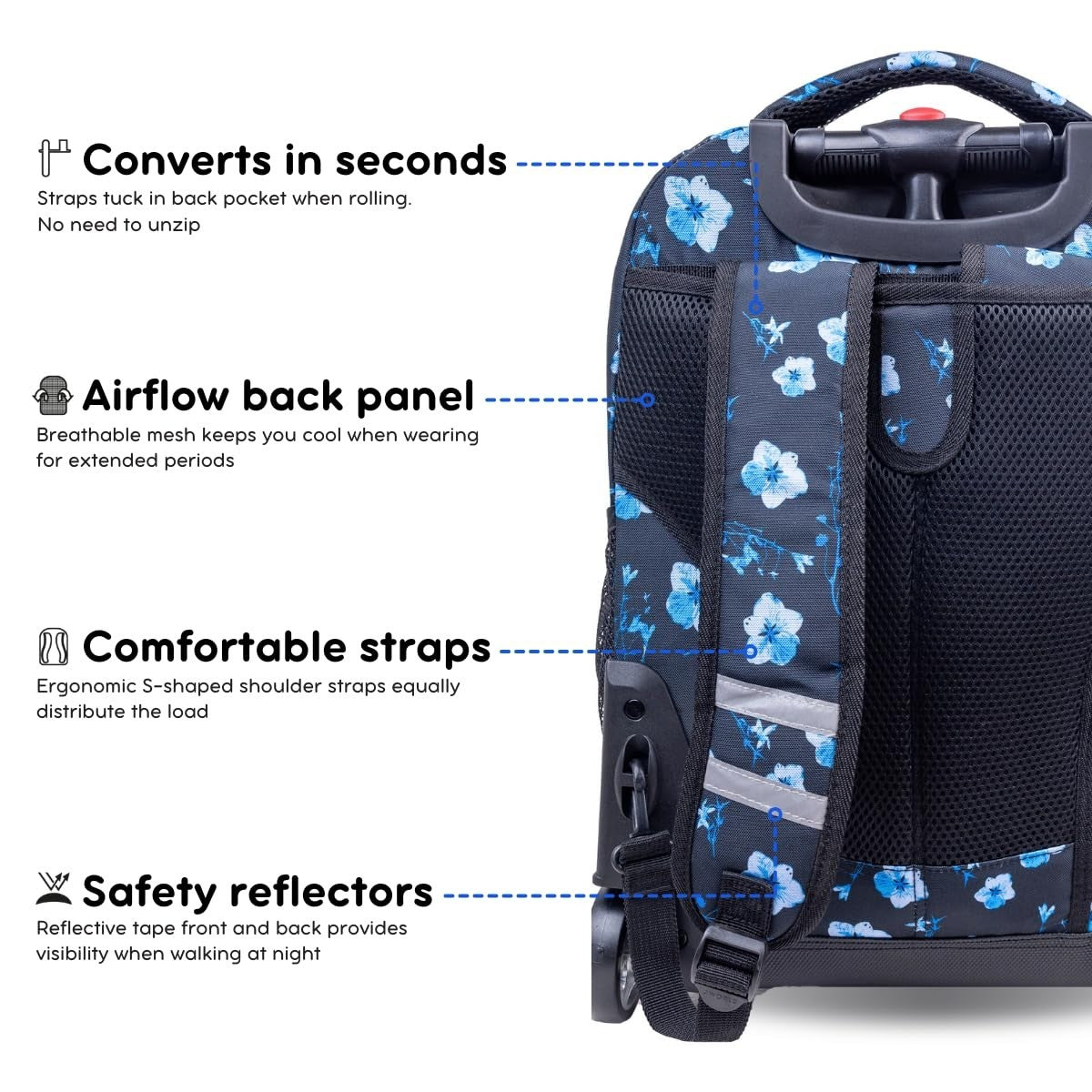 Kids Rolling Backpack with Wheels, 18" School Bookbag for Girls & Boys, Night Bl6