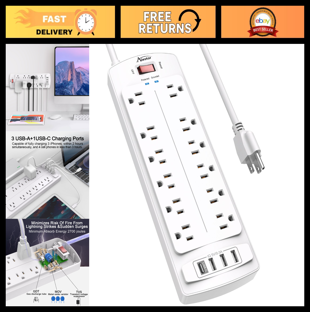 Surge Protector Power Strip with 12 Outlets & 4 USB Ports, 6ft Cord, 2700J, ETL0