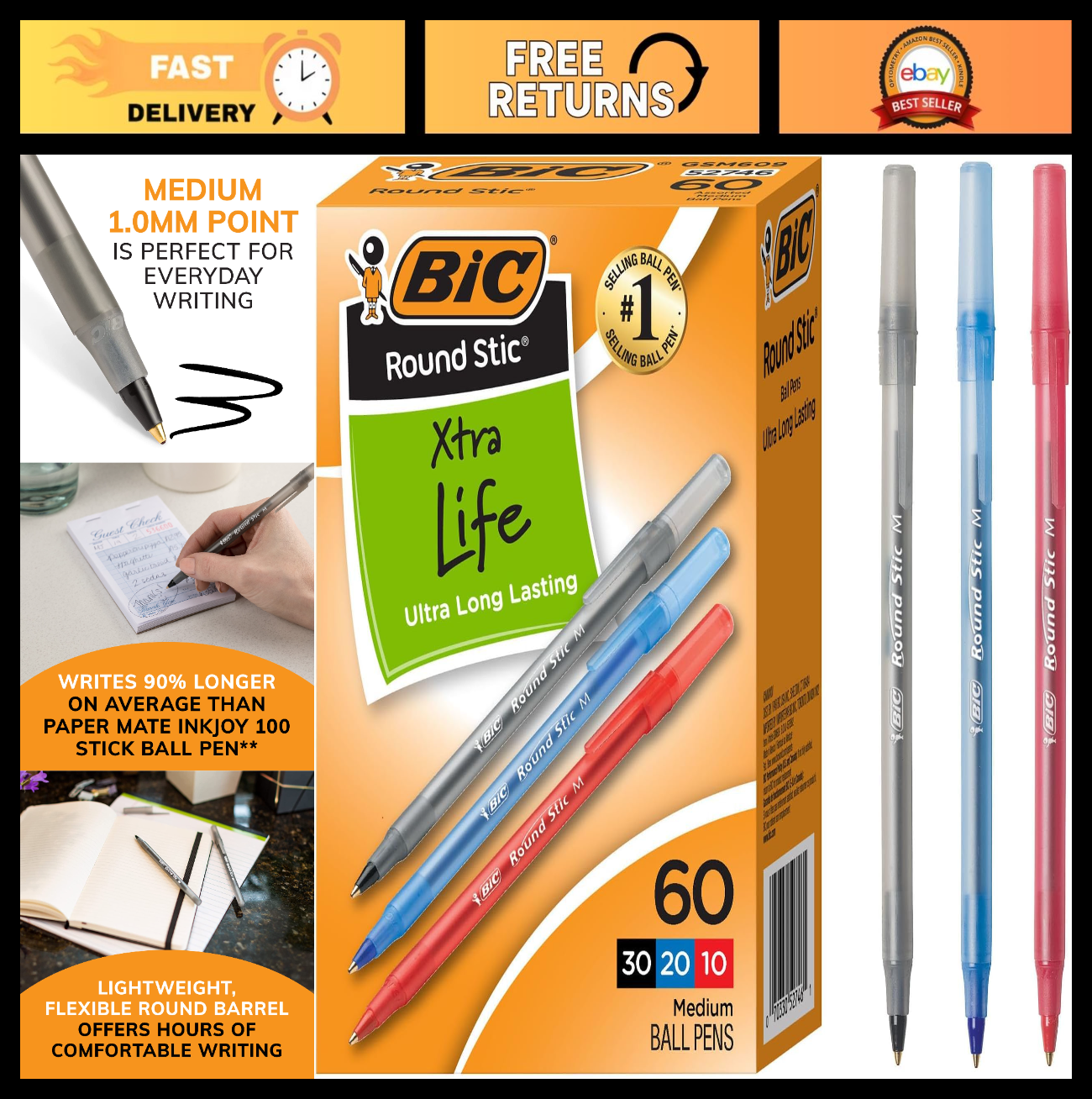 60 Count Assorted Ink Ballpoint Pens, Medium Point 1.0mm, Comfortable Grip, Bulk0