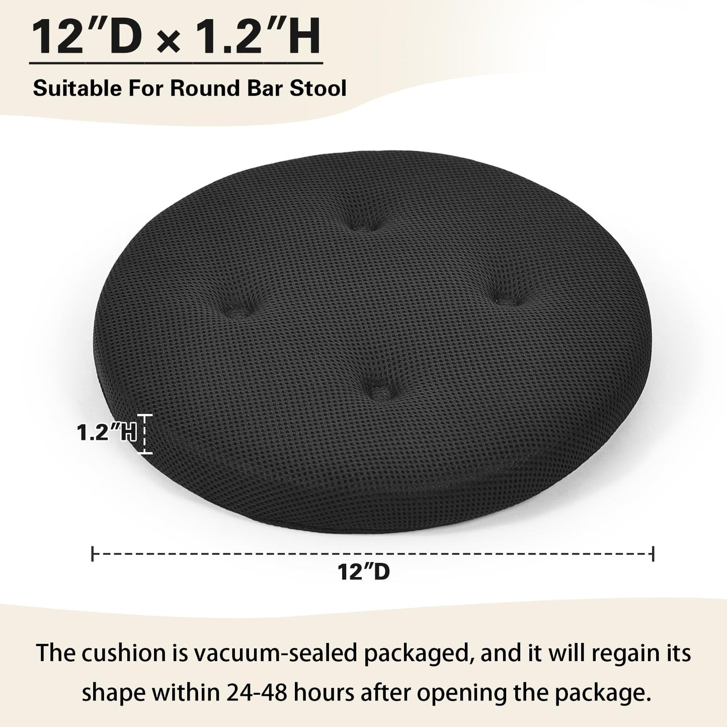 Set of 2 Round Bar Stool Cushions, Breathable Black Seat Covers, 12" Diameter2
