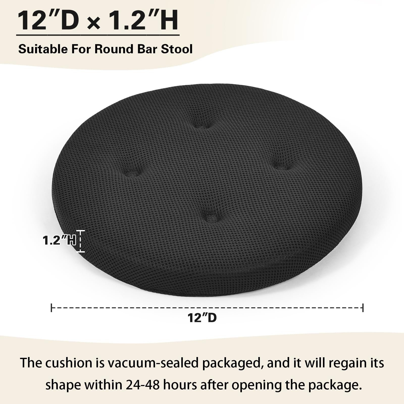 Set of 2 Round Bar Stool Cushions, Breathable Black Seat Covers, 12" Diameter2
