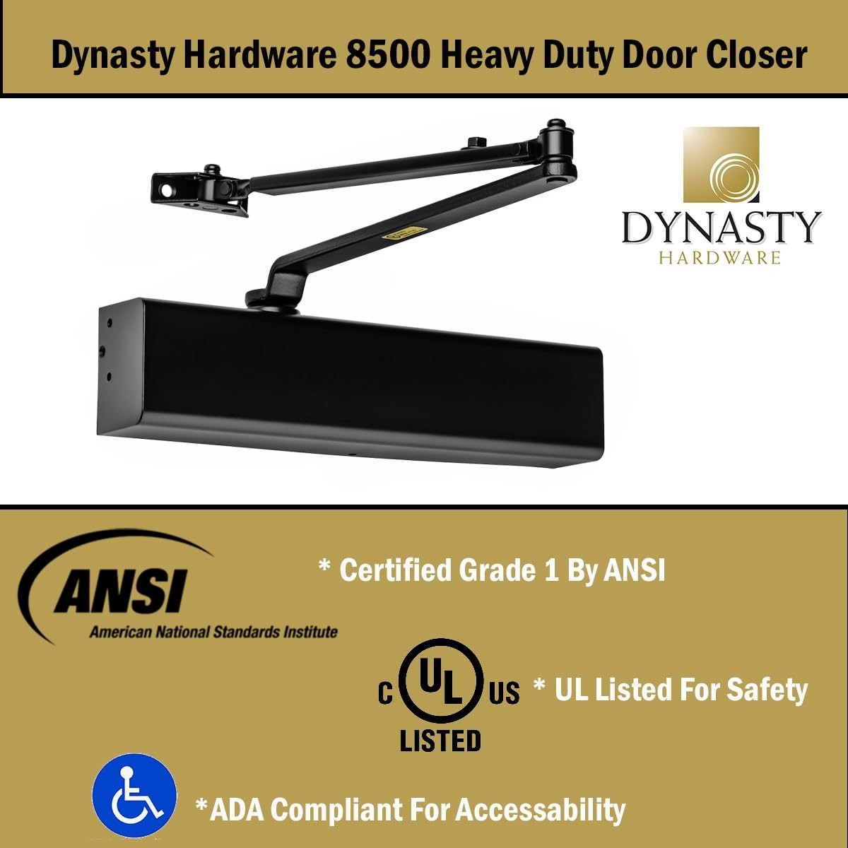 Heavy Duty Hydraulic Door Closer, Adjustable Spring Size 1 6, ADA Compliant, Bla5