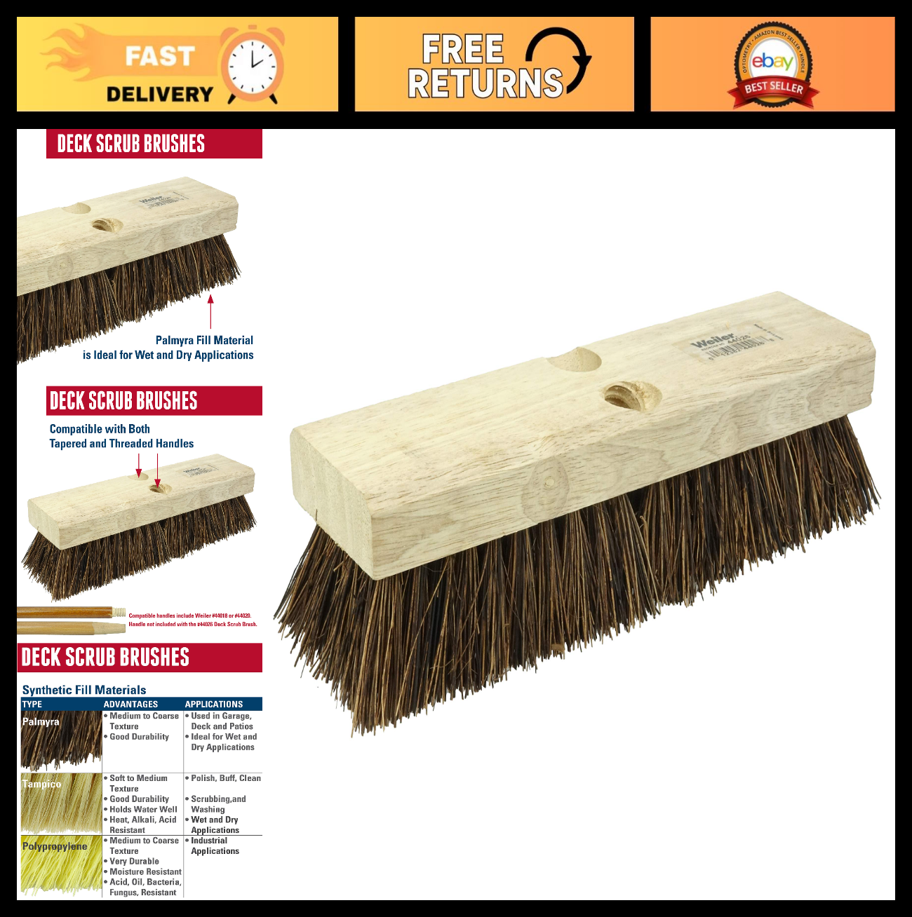 Heavy Duty Deck Scrub Brush - Natural Palmyra Bristles for Wood, Concrete & Roug0