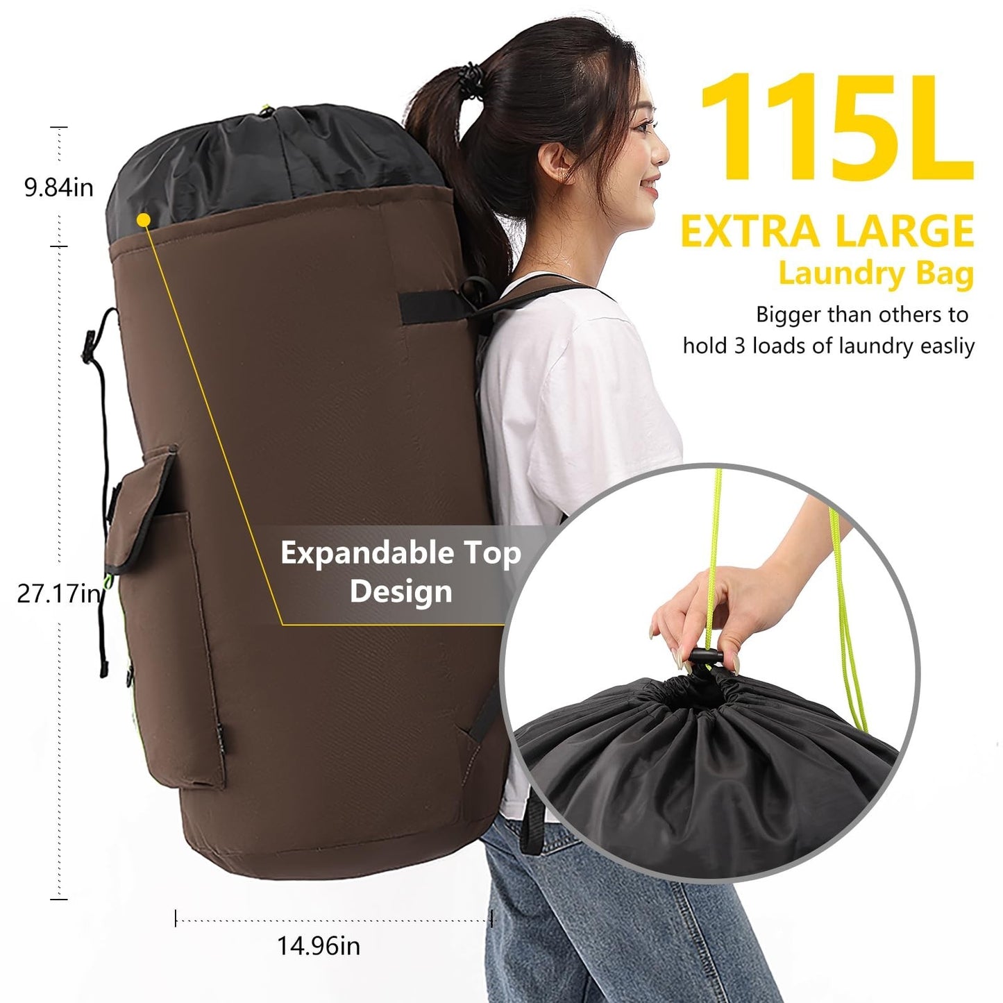 Extra-Large Heavy Duty Laundry Backpack Bag with Drawstring Closure - Ideal for7