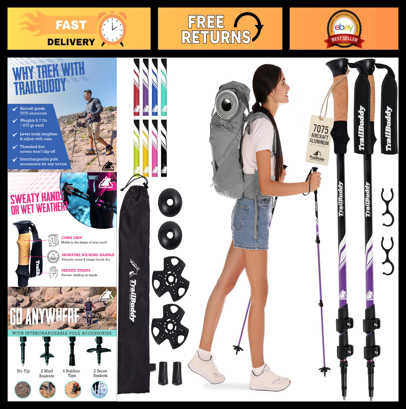Lightweight Aluminum Trekking Poles – Collapsible Hiking Sticks for Travel & Bal0