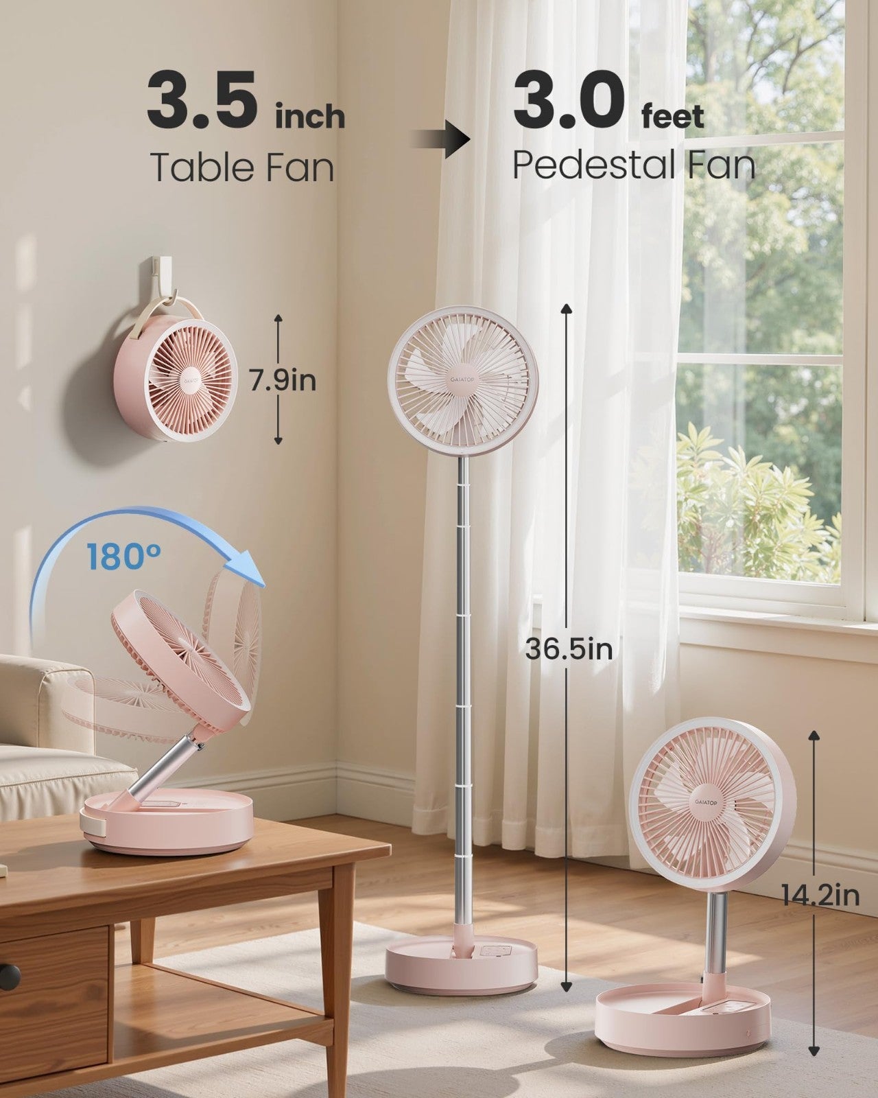 Portable Oscillating Fan with 16000mAh Battery, 74h Runtime, LED Light, Remote,6