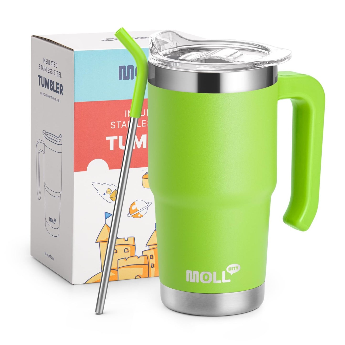 16 oz Insulated Tumbler with Handle, Reusable Stainless Steel Cup with Lid & Str1