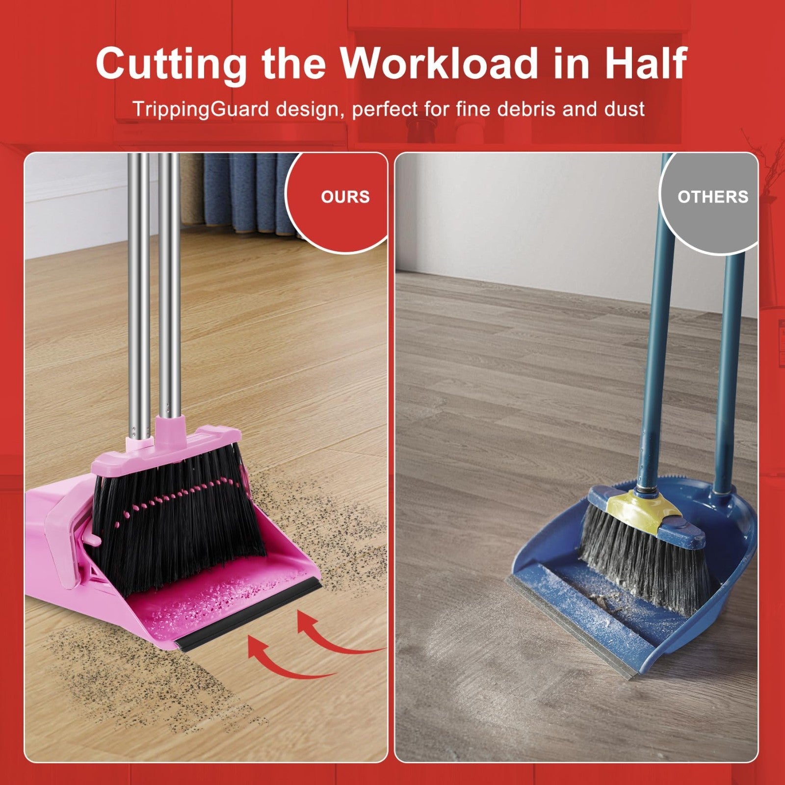 51'' Broom & Dustpan Set - Standing Broom for Pet Hair & Floor Cleaning - Pink5