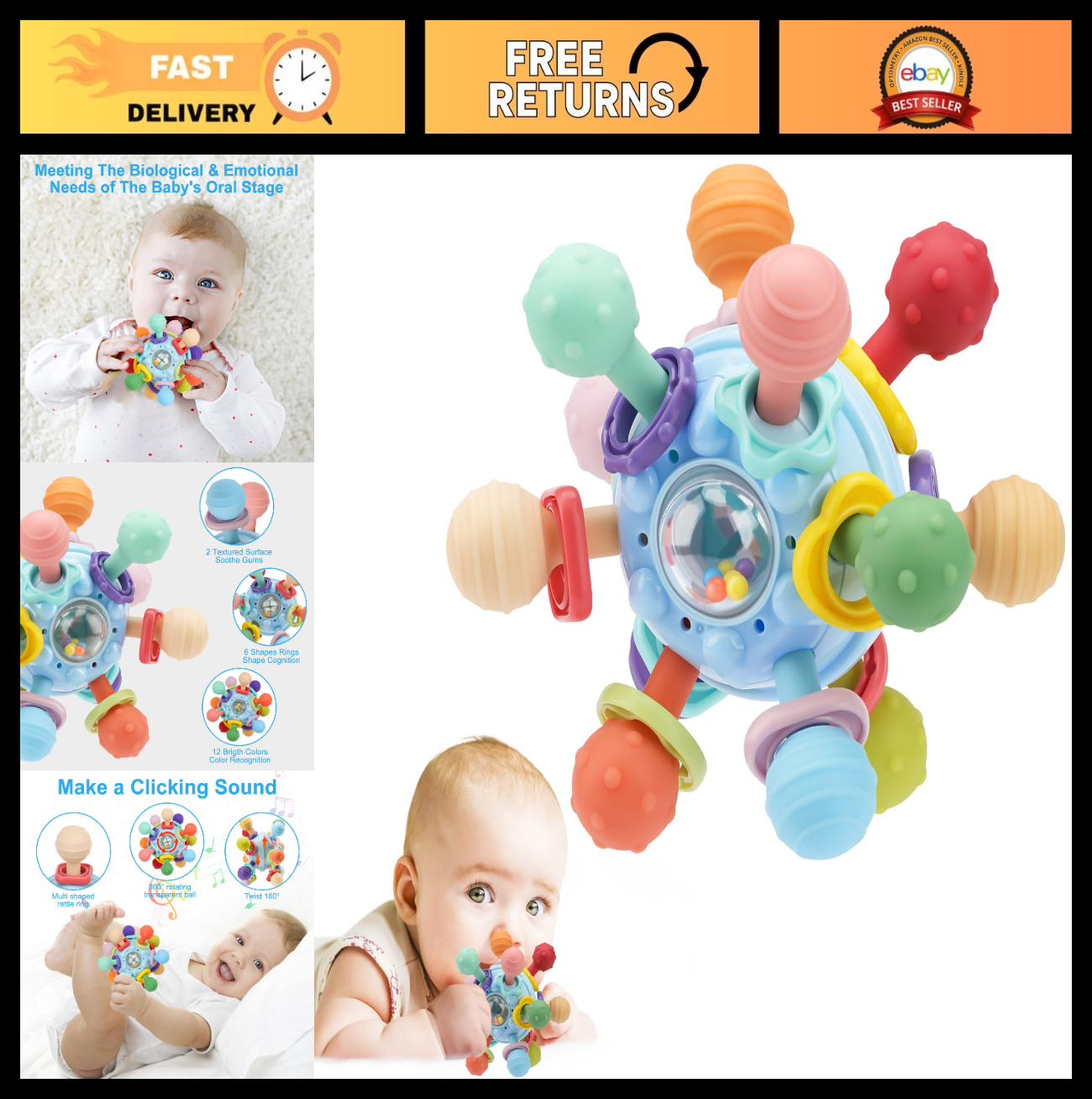 Montessori Sensory Teething Toy for Infants 0 12 Months | BPA Free Rattle & Ball0