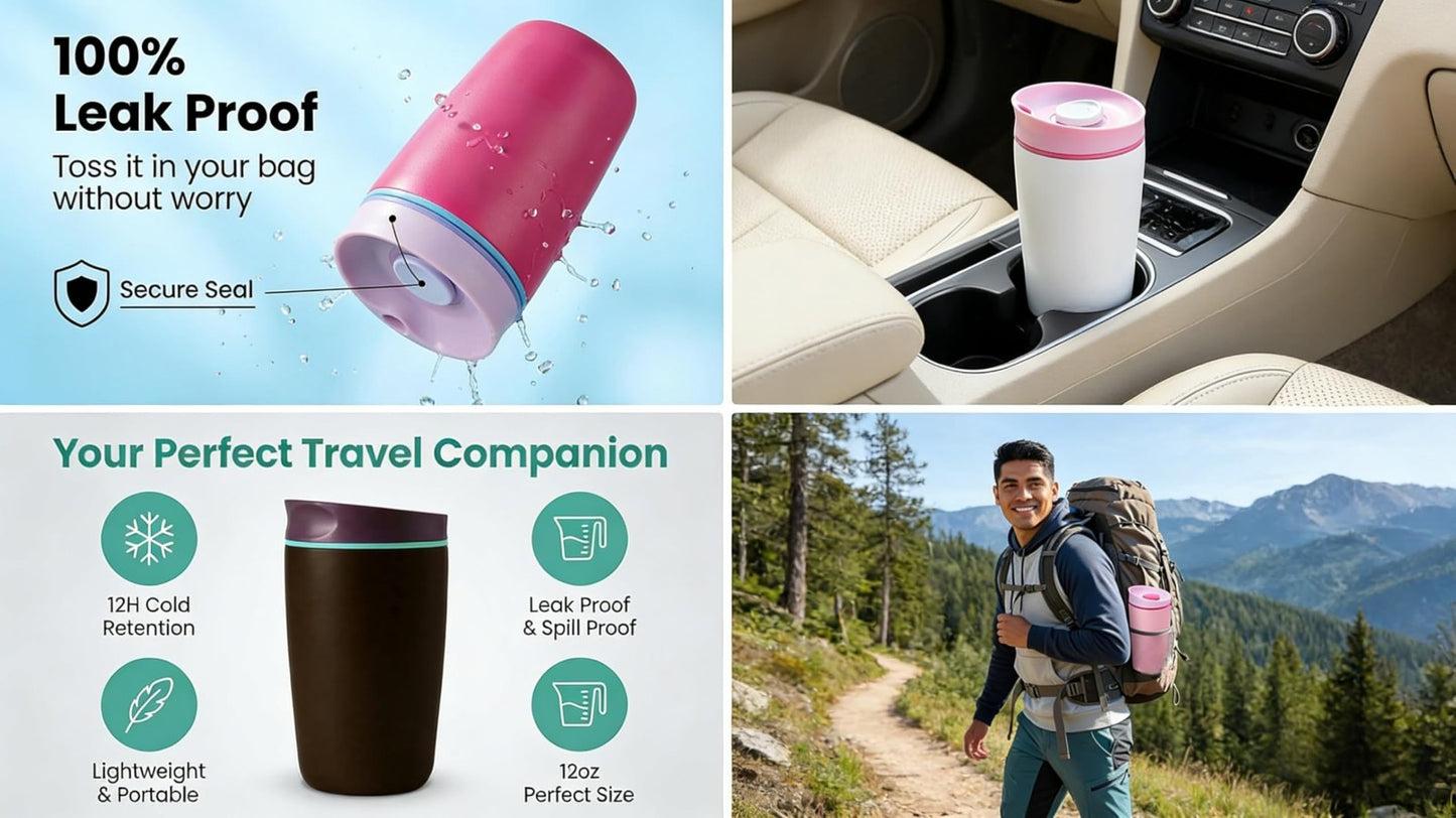 Insulated Stainless Steel Coffee Tumbler 12 oz, Travel Mug for Hot/Iced Drinks,7