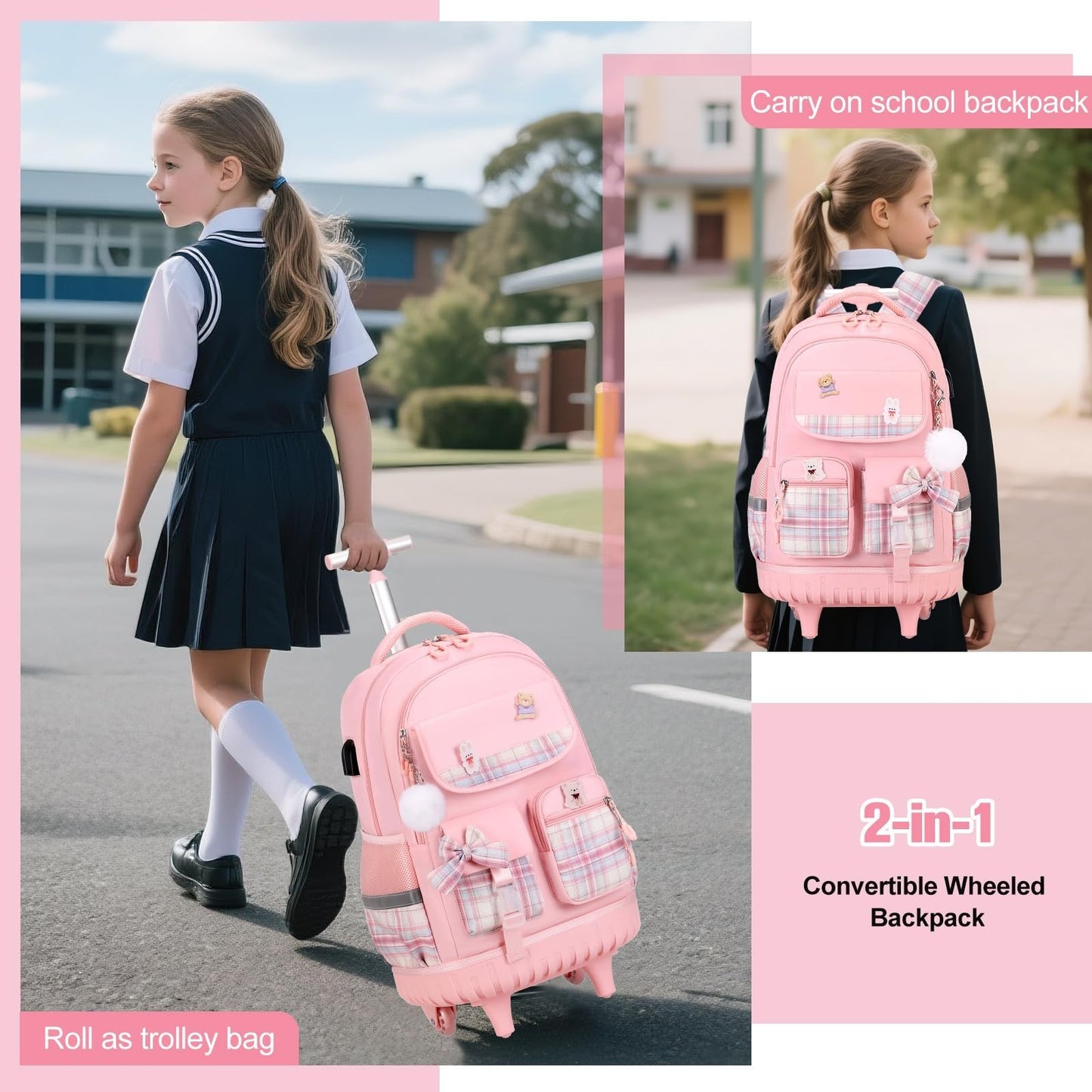 Rolling Backpack for Girls   Wheeled School Bag with Lunch Bag & Pencil Pouch, P6