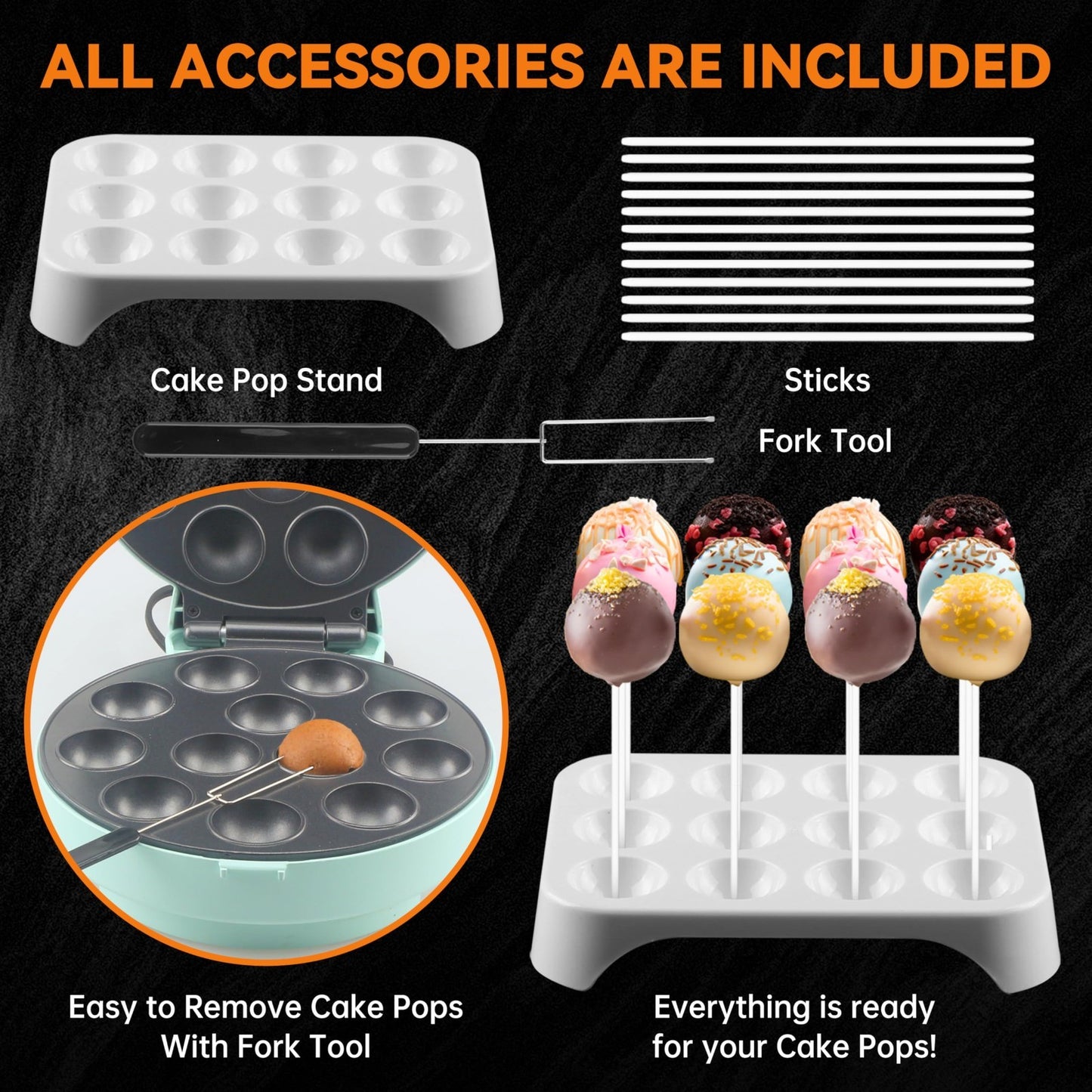 Cake Pop Maker Set with Stand, Sticks & Fork Tool - 12 Pops Capacity, Aquamarine2