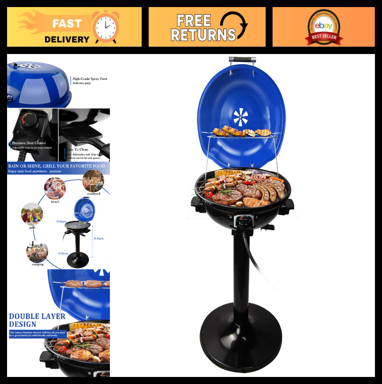 1600W Electric BBQ Grill - 15-Serving Indoor/Outdoor Portable Grill, Double Laye0