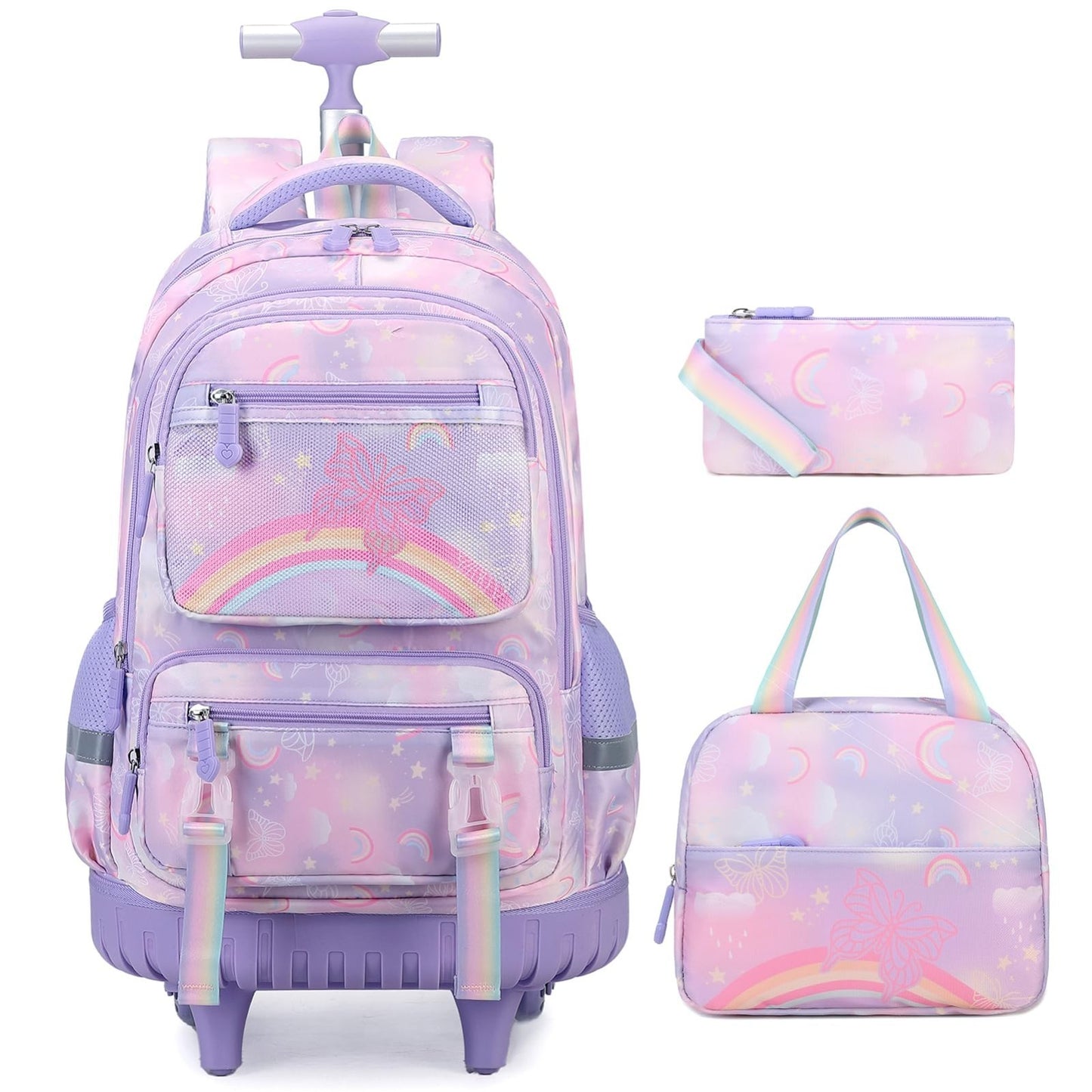3PCS Girls Rainbow Butterfly Rolling Backpack Set with Lunch Box   Purple1