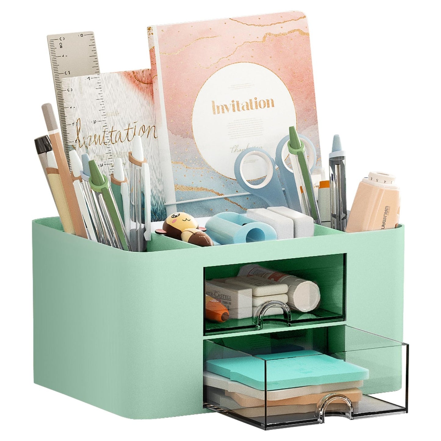 Multi Functional Desk Organizer with 2 Drawers, 5 Compartments, Pencil Holder  1