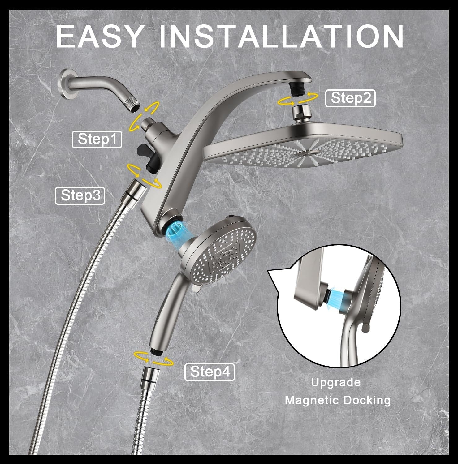 12" High Pressure Rain Shower Head & Handheld Combo, 9 Spray Settings, Magnetic7