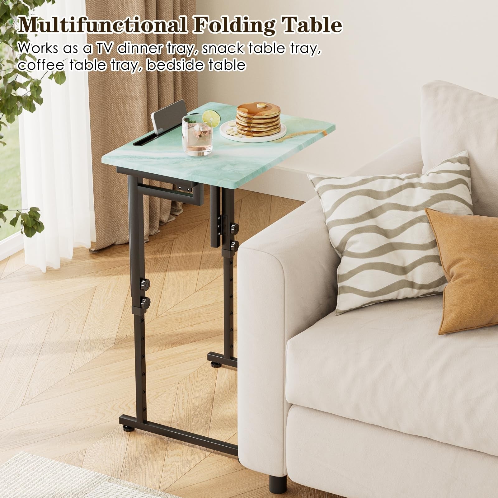 Adjustable Folding TV Tray Table - Sturdy MDF Top, No Assembly, Sea Blue - Livin3