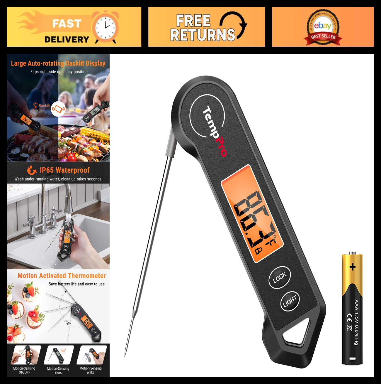 Waterproof Digital Meat Thermometer with Backlit Display & Motion Sensor for BBQ0