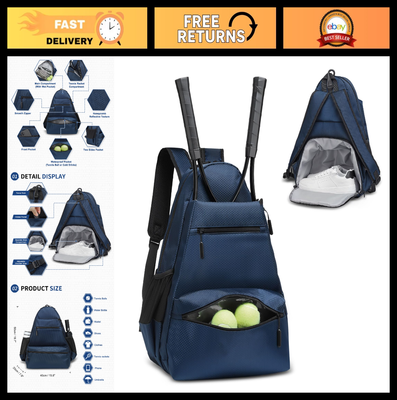 Optimized eBay Title:  Waterproof Tennis Backpack with Shoe Compartment, Wet/Dr0