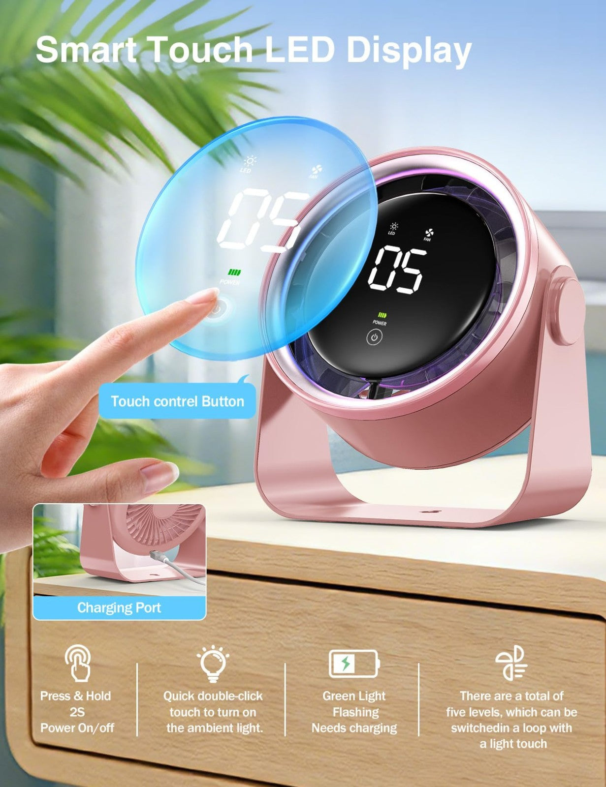 Ultra Quiet Small Desk Fan, Multi Speed Air Circulator, Touch Control, LED Light2