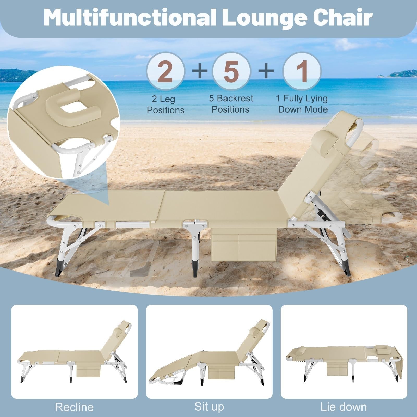 Folding Camping Cot for Adults   5 Position Adjustable Backrest & Padded Cushion5