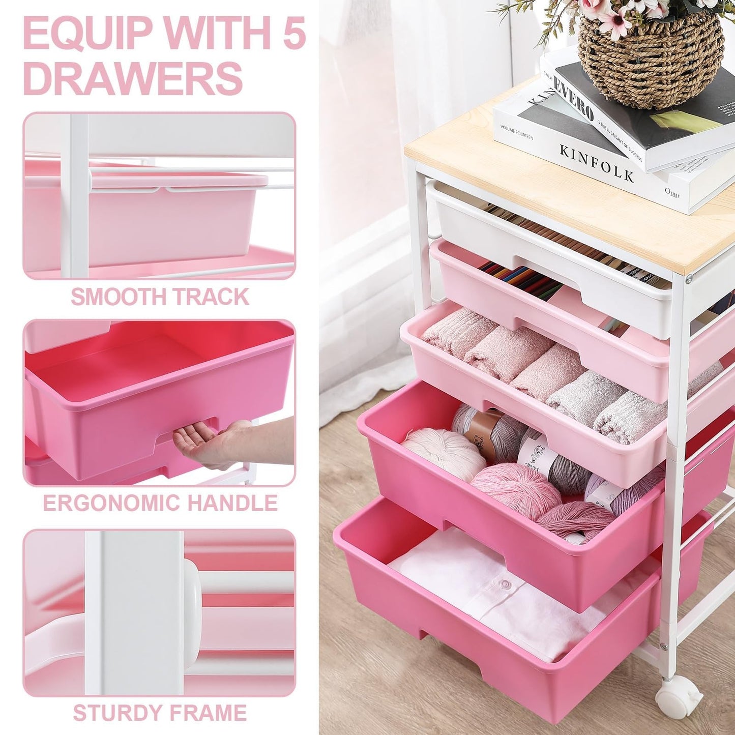 5 Drawer Utility Cart with Wooden Top, Rolling Craft Trolley, Lockable Wheels, P3