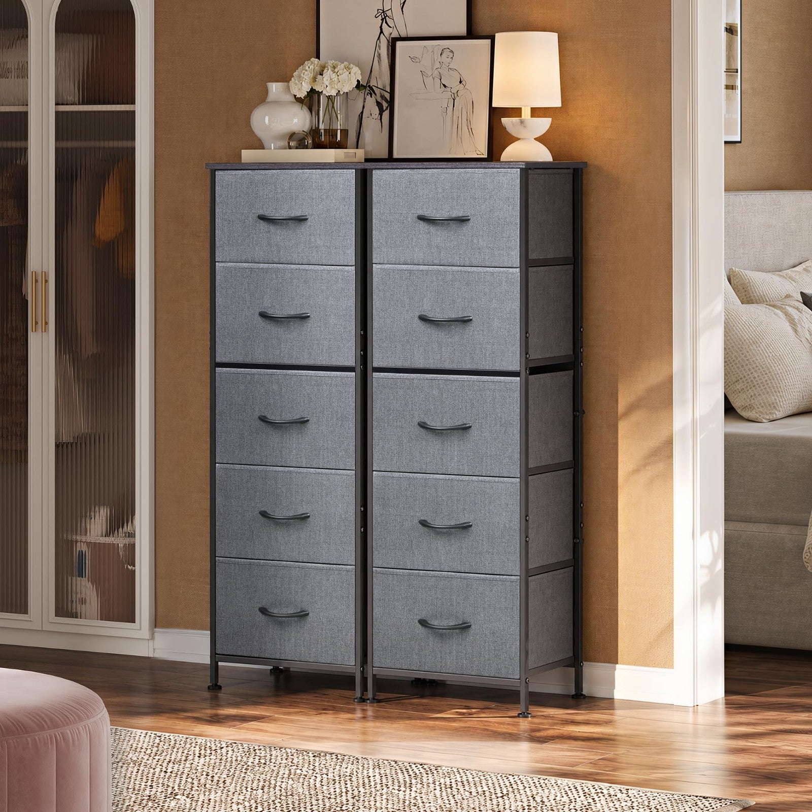 Tall Dresser for Bedroom - 5 Drawer Vertical Storage Chest, Dark Grey Fabric, Sm4