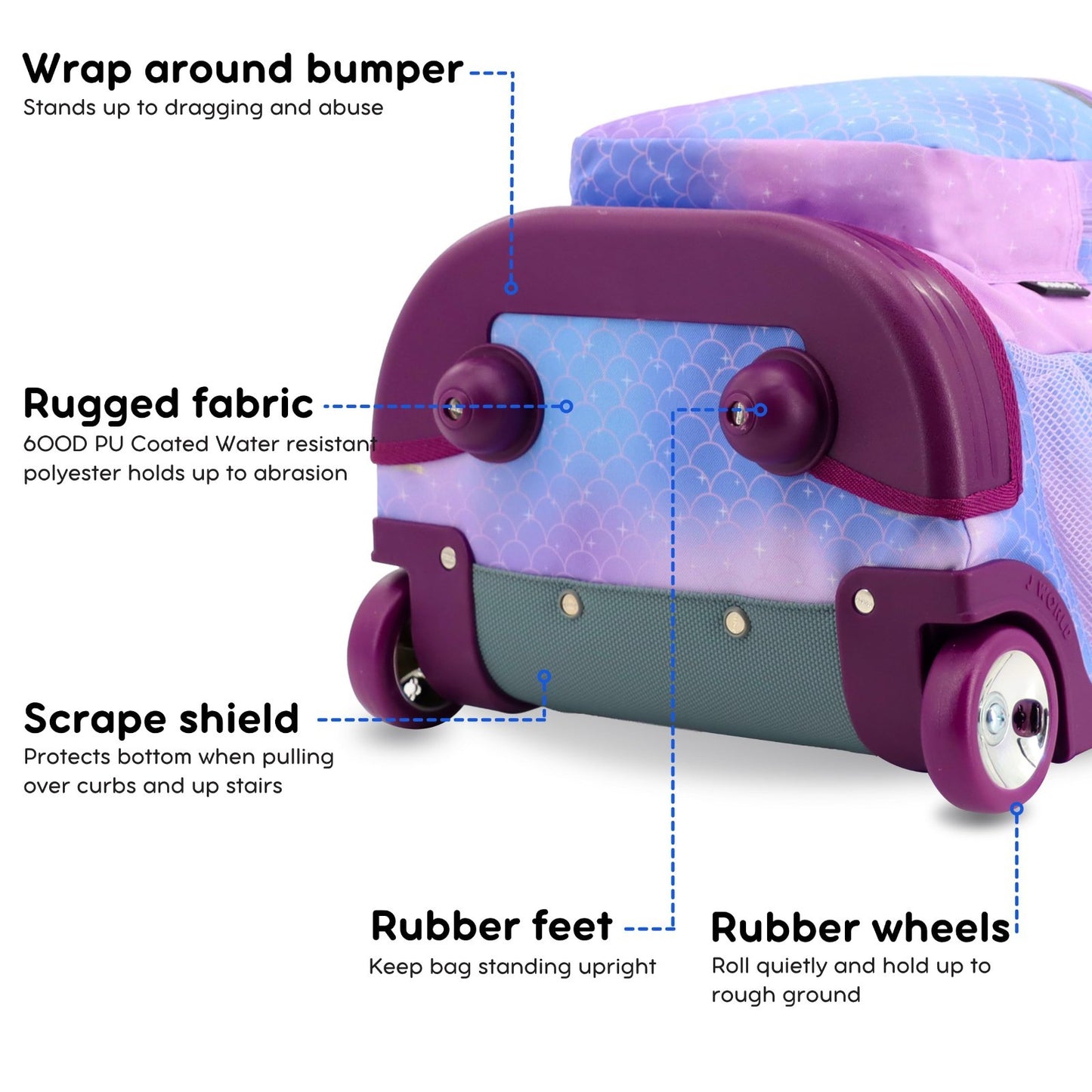 Kids Rolling Backpack with Wheels, 18" Purple Mermaid Bookbag for School, Girls3