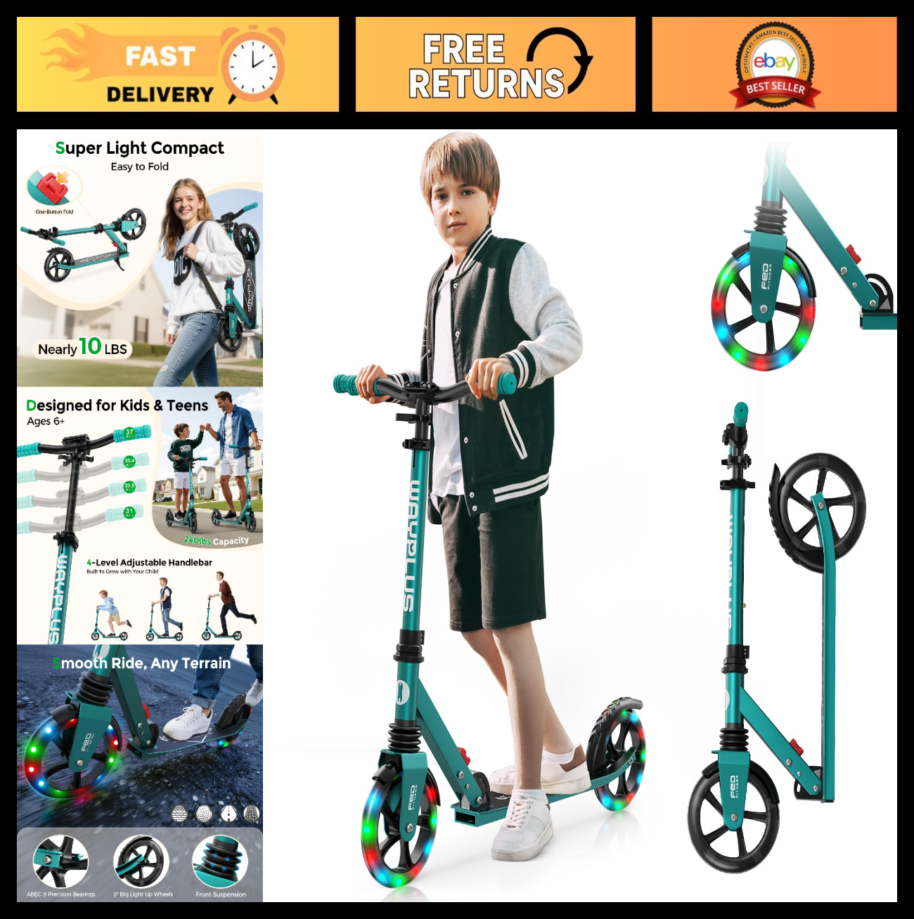 Kick Scooter for Ages 6+, Teens & Adults - 8" Big Wheels, 240lb Capacity, Smooth0