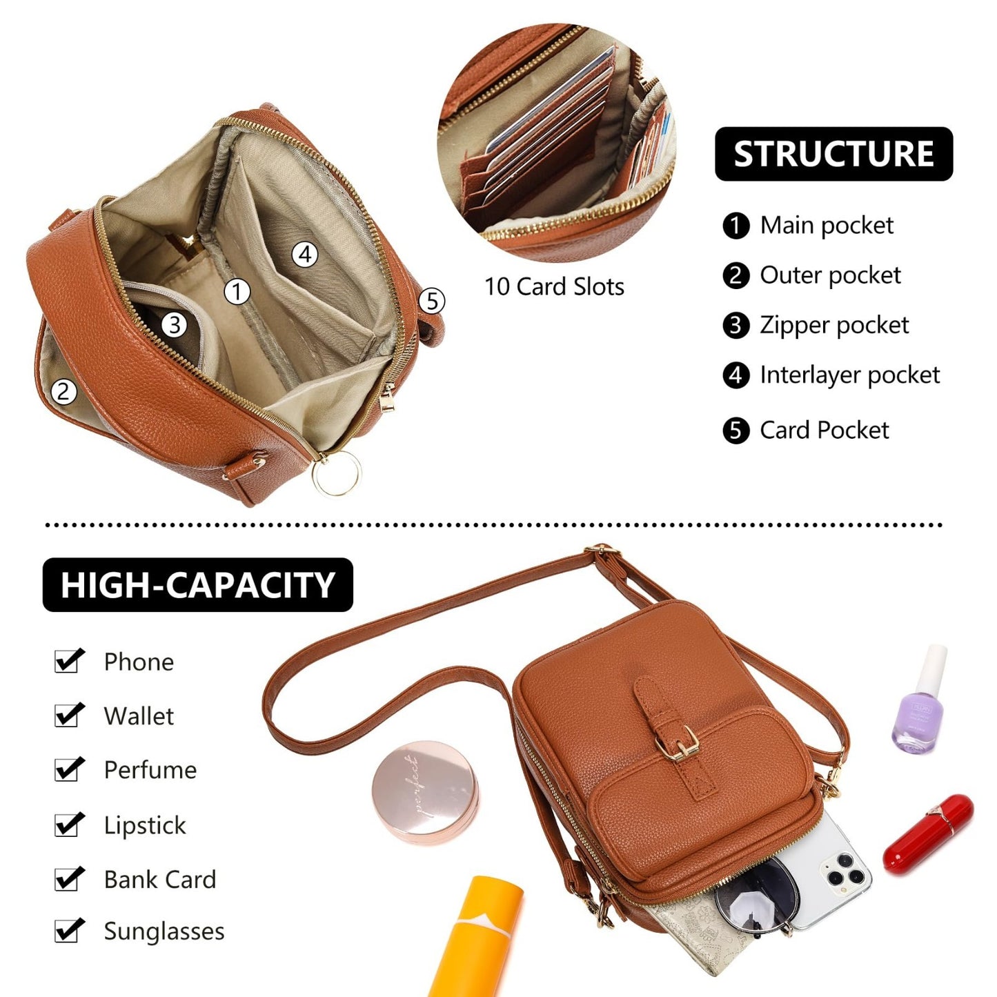 Vegan Leather Crossbody Bag for Women - Vintage Anti-Theft Messenger Purse with4