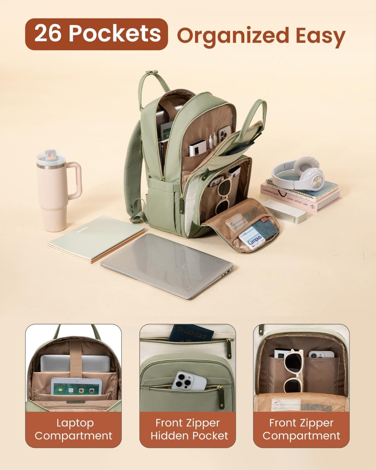 Stylish 15.6" Laptop Backpack with Tumbler Holder, Cute College & Work Bag, Gift3