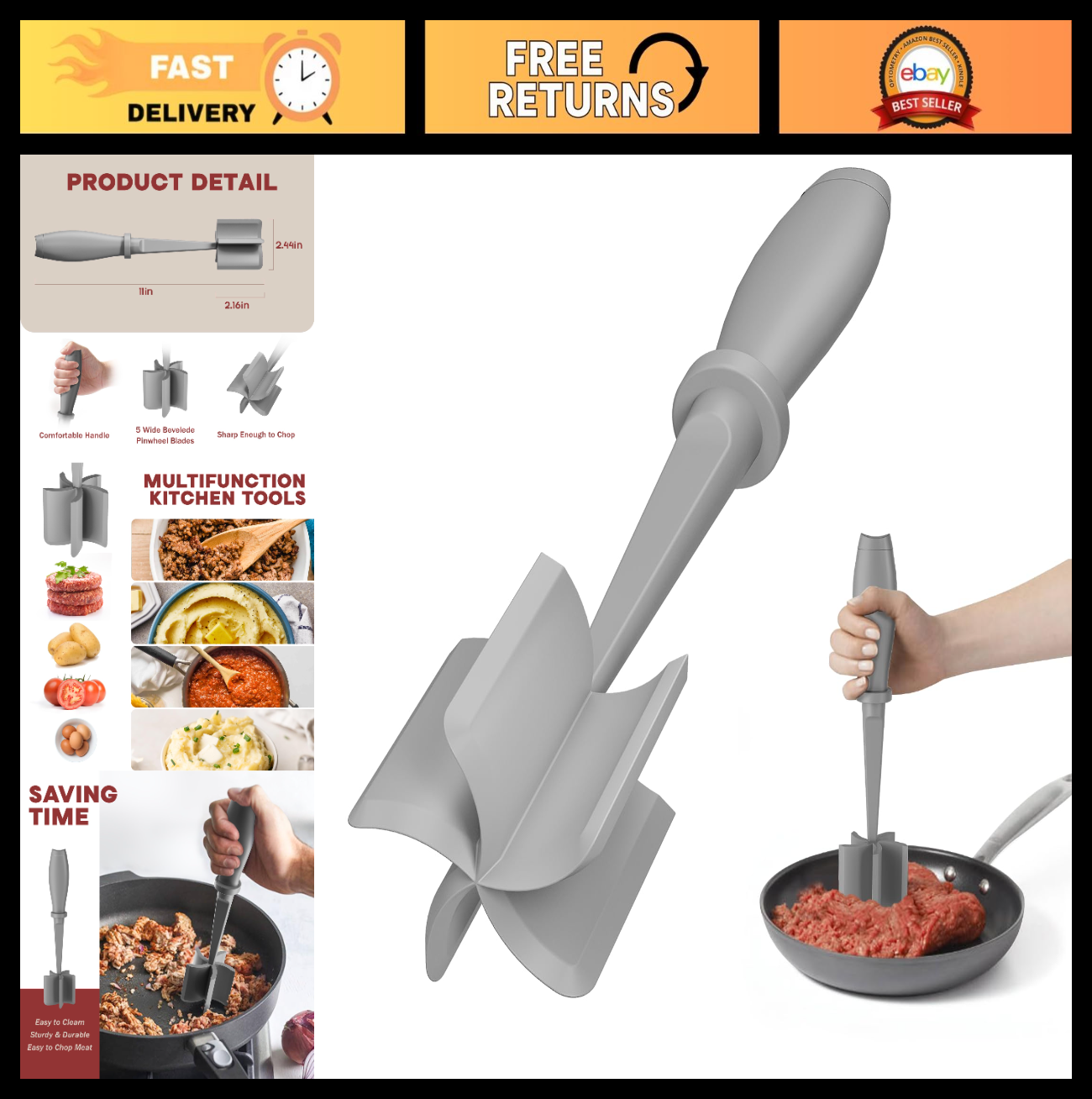 Meat Chopper & Hamburger Grinder Tool   5 Blade Heat Resistant Smasher, Dishwash0