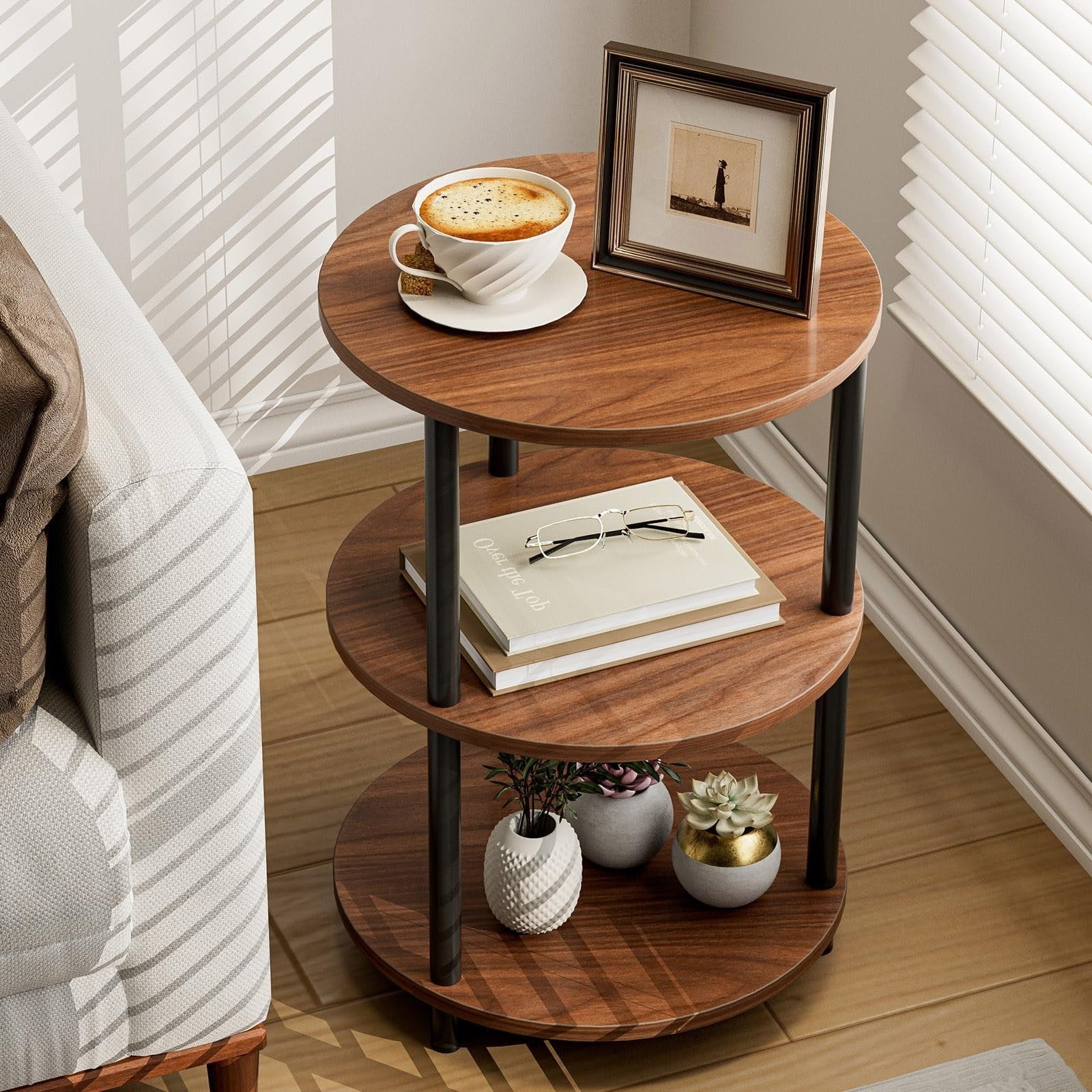 Round Coffee Table - Industrial Vintage Nightstand for Living Room, Bedroom & Sm1
