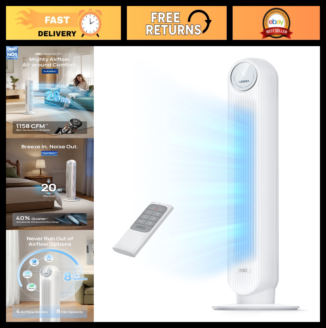 Ultra Quiet Bladeless Tower Fan   28ft/s Speed, 90° Oscillation, 8 Modes, Remote0