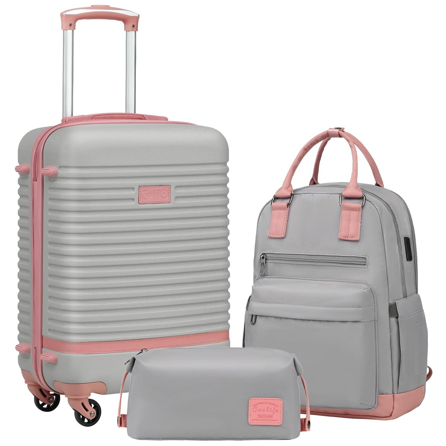 3-Piece Carry-On Luggage Set, Gray Pink - 360° Spinner Wheels, USB Pockets, Wate1
