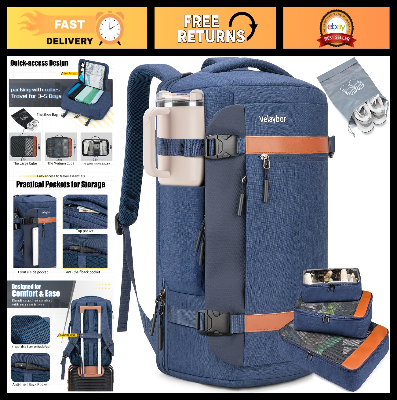 42L Travel Backpack with 4 Packing Cubes, TSA Friendly Carry On, Lightweight & D0