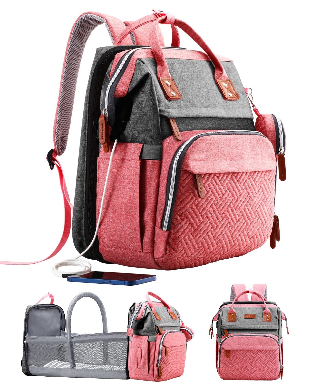 Diaper Bag Backpack with Changing Station, Stylish Baby Bag for Girls, Pink1